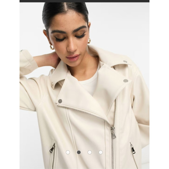 ASOS DESIGN longline oversized faux leather biker jacket in ecru Size 14 - Picture 2 of 15